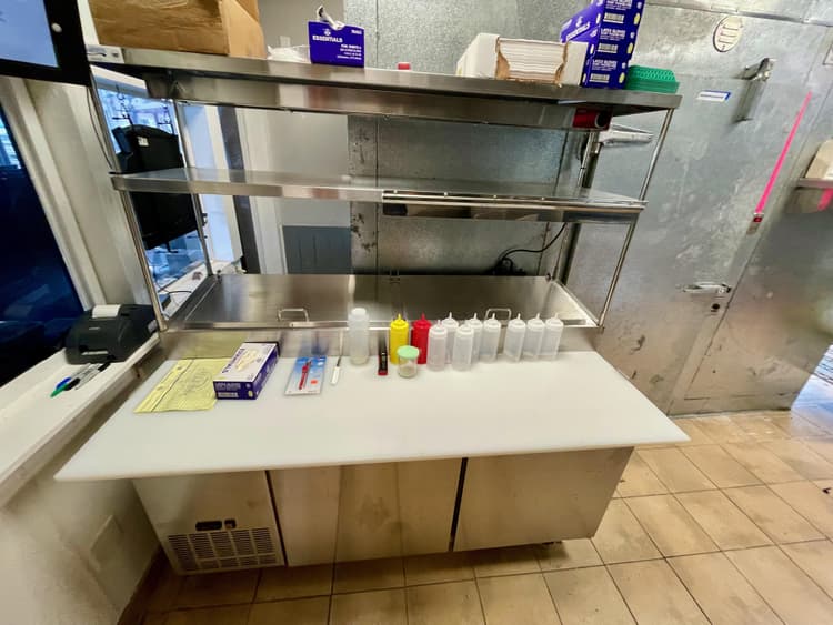 prep table with added over shelf and heat lamp